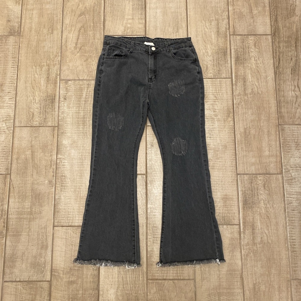 anna kaci california Jeans 31* Women Black Cropped Ankle Flare Distressed Grunge